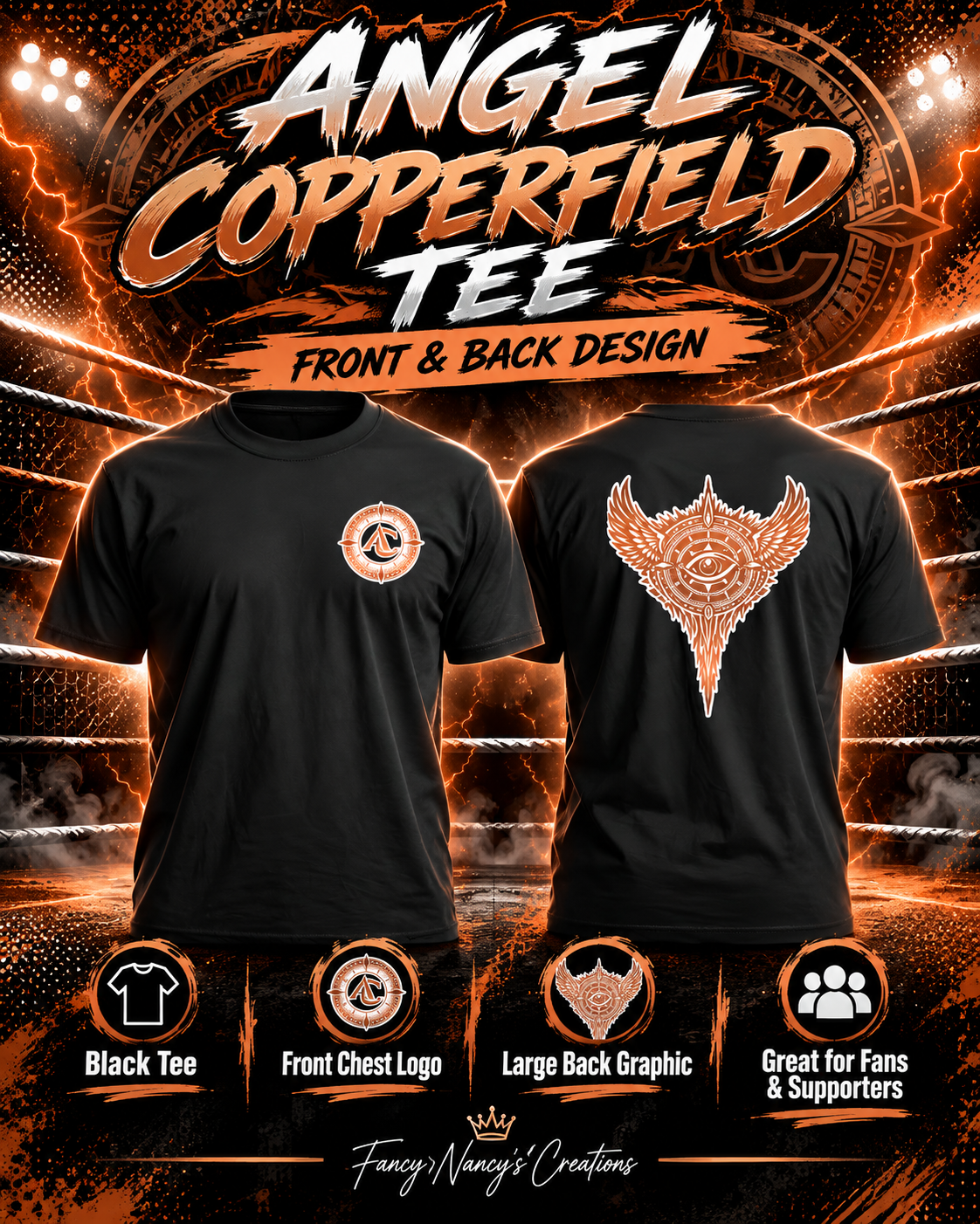 Angel Copperfield T-shirt promotional image showing front chest logo and large back graphic