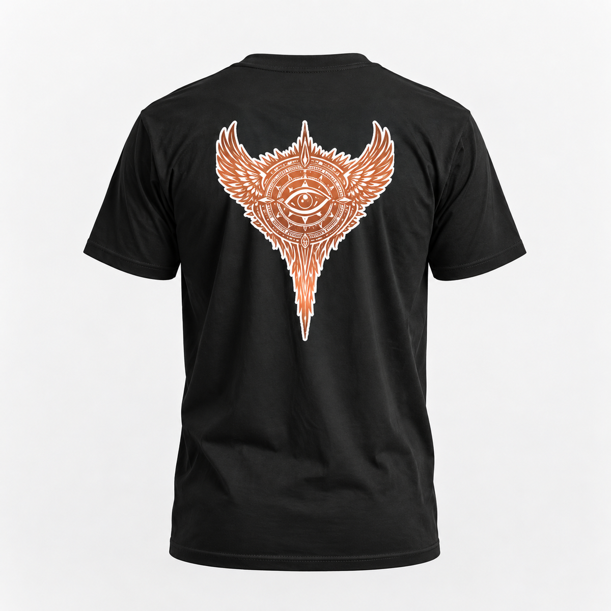 Back of black Angel Copperfield T-shirt with large copper-orange and white winged-eye graphic