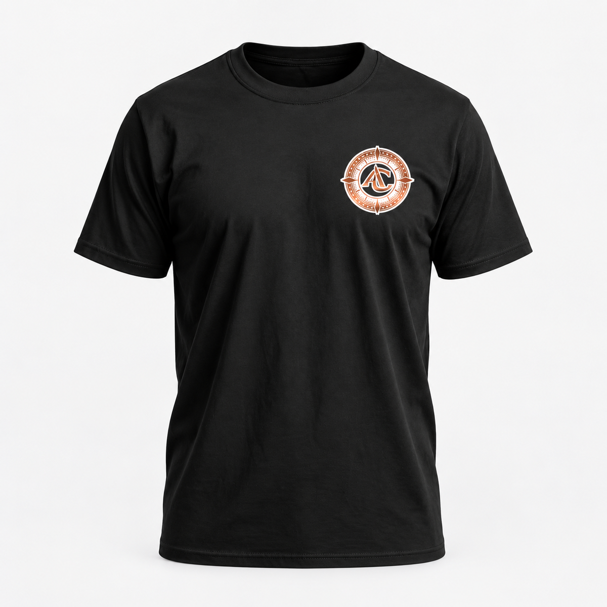 Front of black Angel Copperfield T-shirt with copper-orange and white AC chest logo