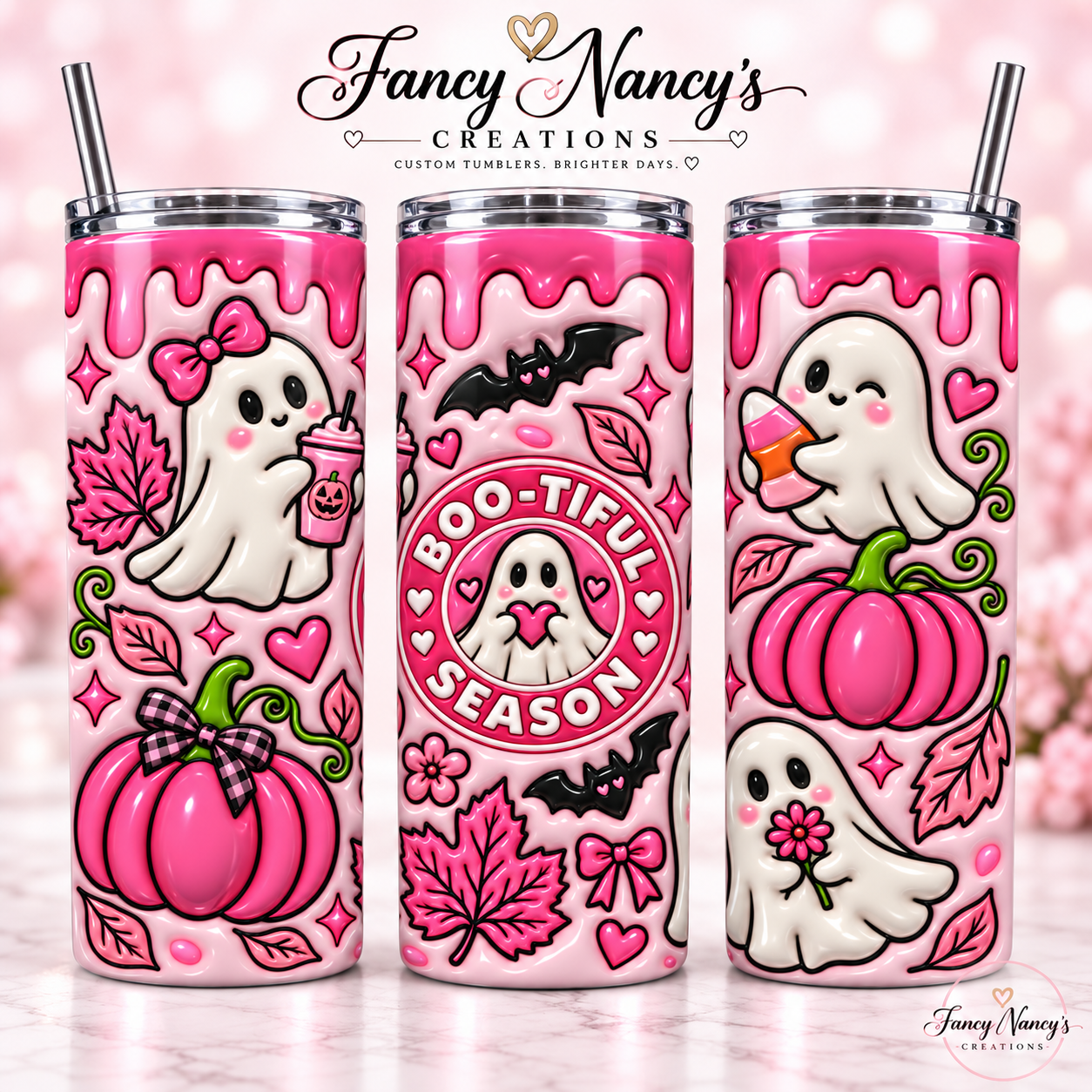 Boo-tiful Season 20 oz Sublimation Tumbler - pink Halloween ghost design