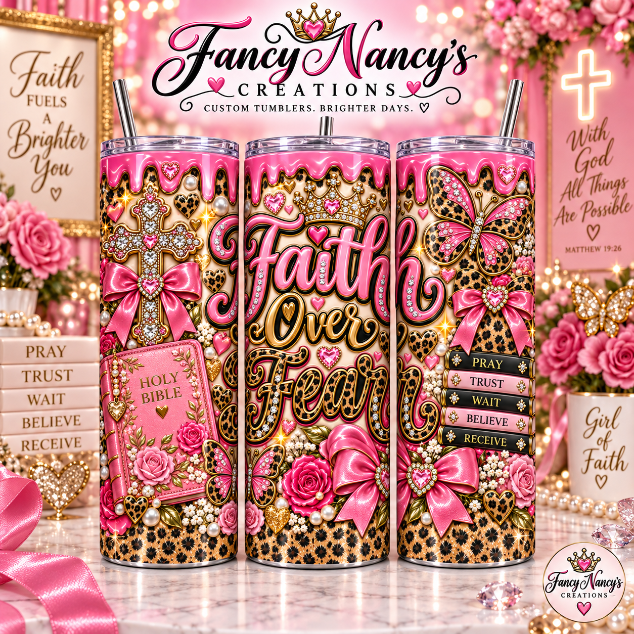 Faith Over Fear 20 oz Sublimation Tumbler - pink gold leopard cross butterfly Holy Bible faith design