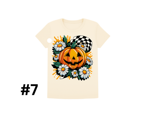 #7- Pumpkin Daisy Dash- A bold mix of jack-o’-lanterns, daisies, and racing checks.