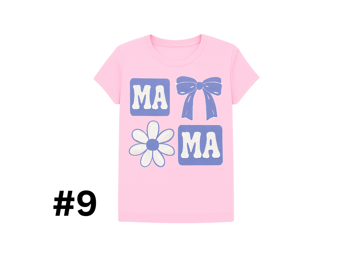 #9 - MAMA Mood	Retro squares with “MA,” a bow, and daisy—soft tones, strong statement.