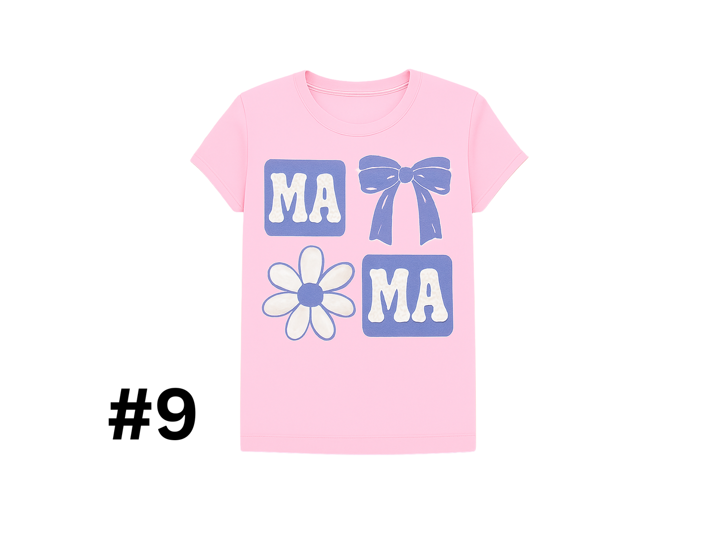#9 - MAMA Mood	Retro squares with “MA,” a bow, and daisy—soft tones, strong statement.