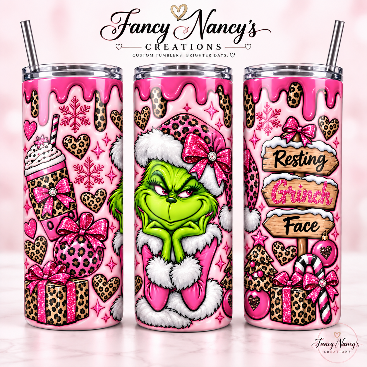 Resting Grinch Face 20 oz Sublimation Tumbler - pink leopard Christmas design