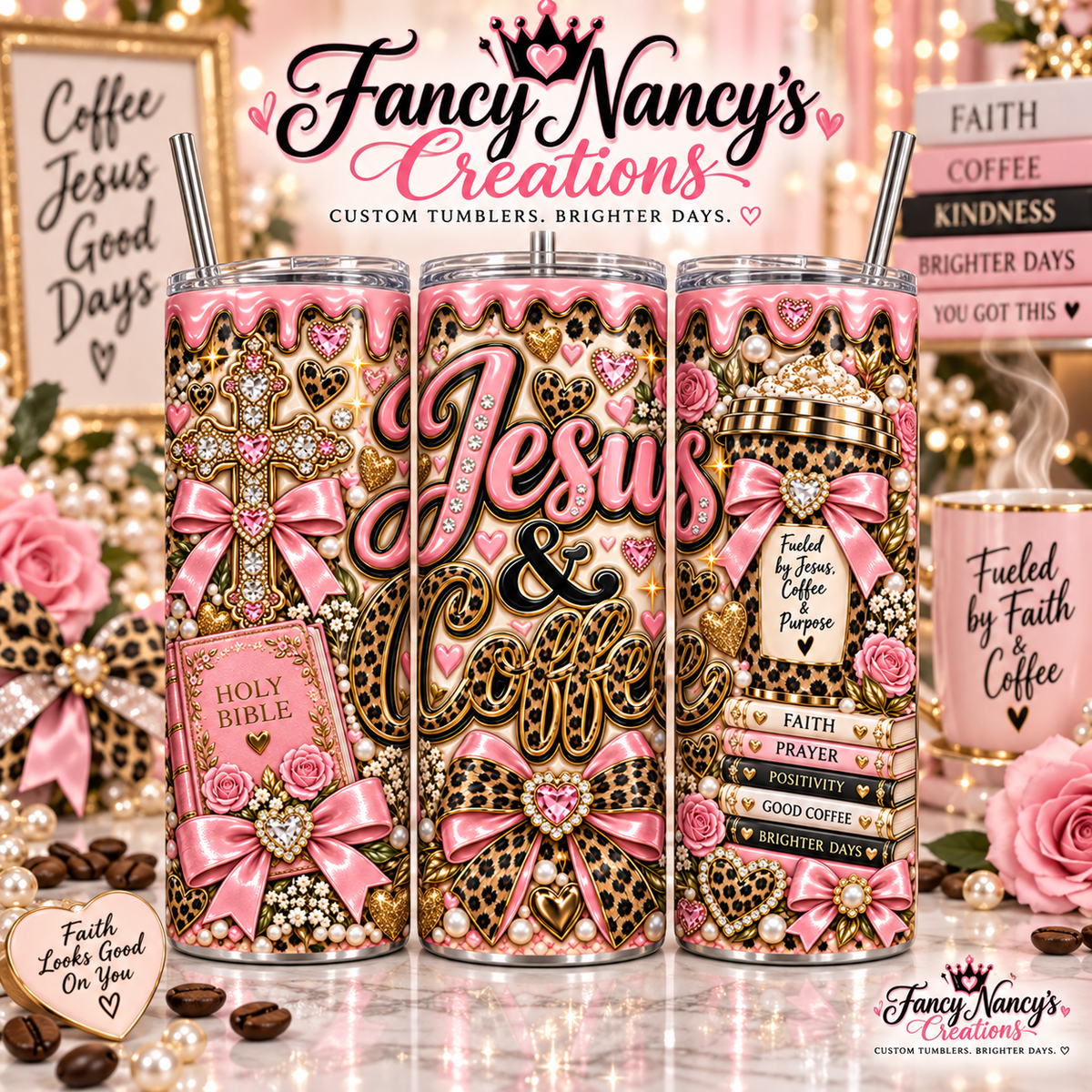 Jesus and Coffee 20 oz Sublimation Tumbler - pink gold leopard cross Holy Bible coffee faith design