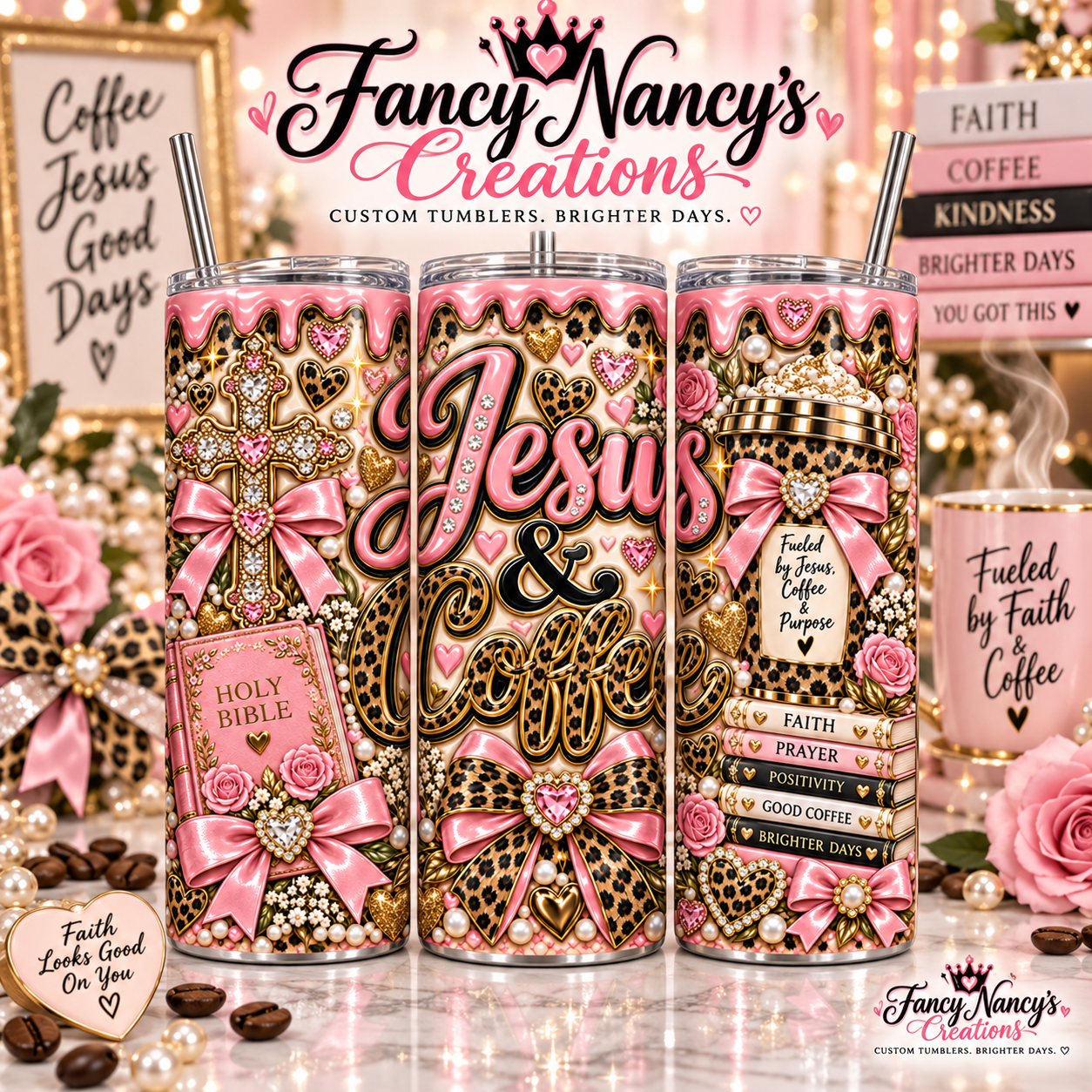 Jesus and Coffee 20 oz Sublimation Tumbler - pink gold leopard cross Holy Bible coffee faith design