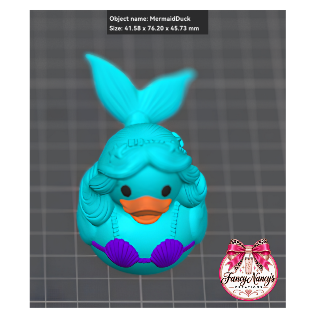 Front mockup of the turquoise mermaid duck with purple seashell details
