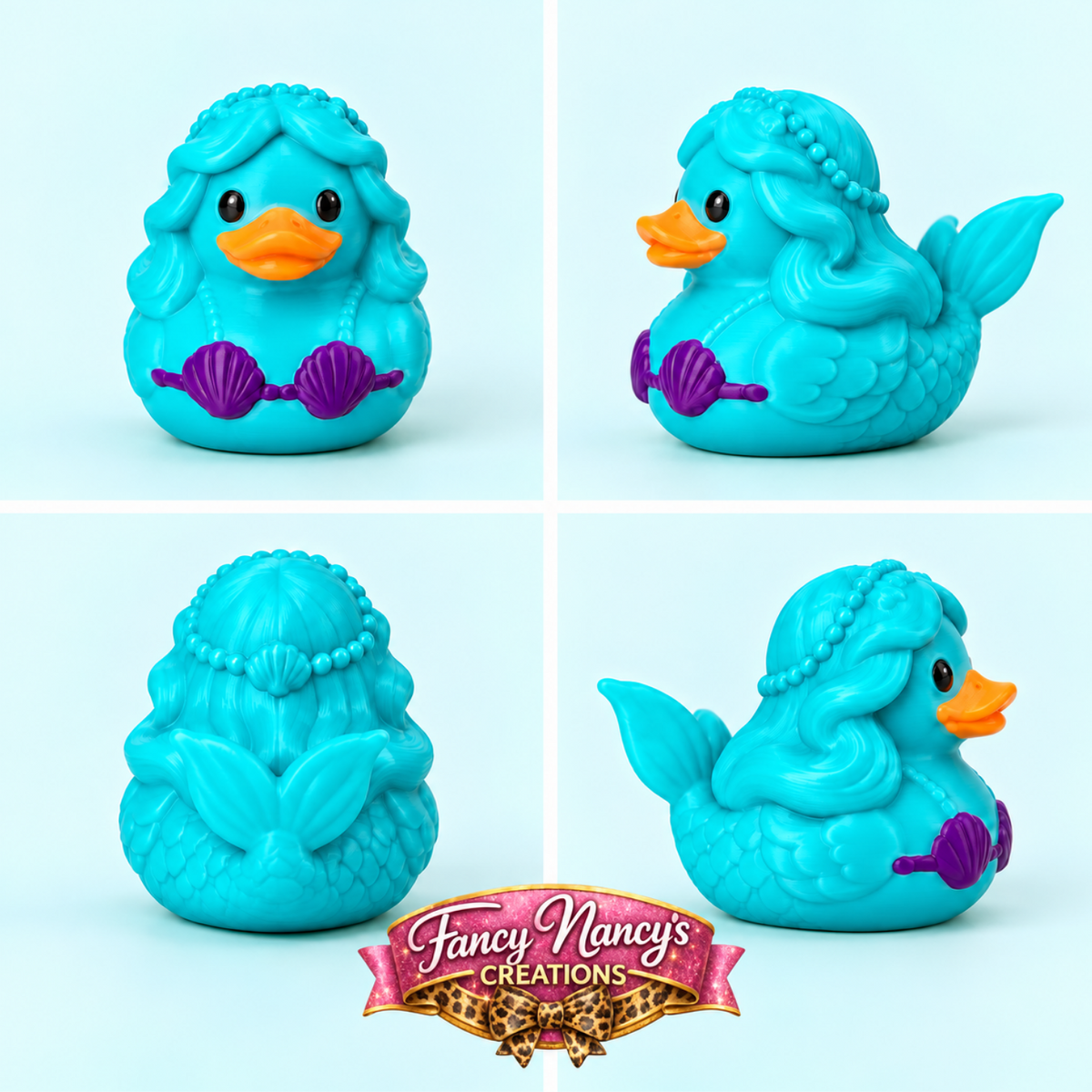 Four views of a turquoise mermaid duck with purple seashell details and an orange bill