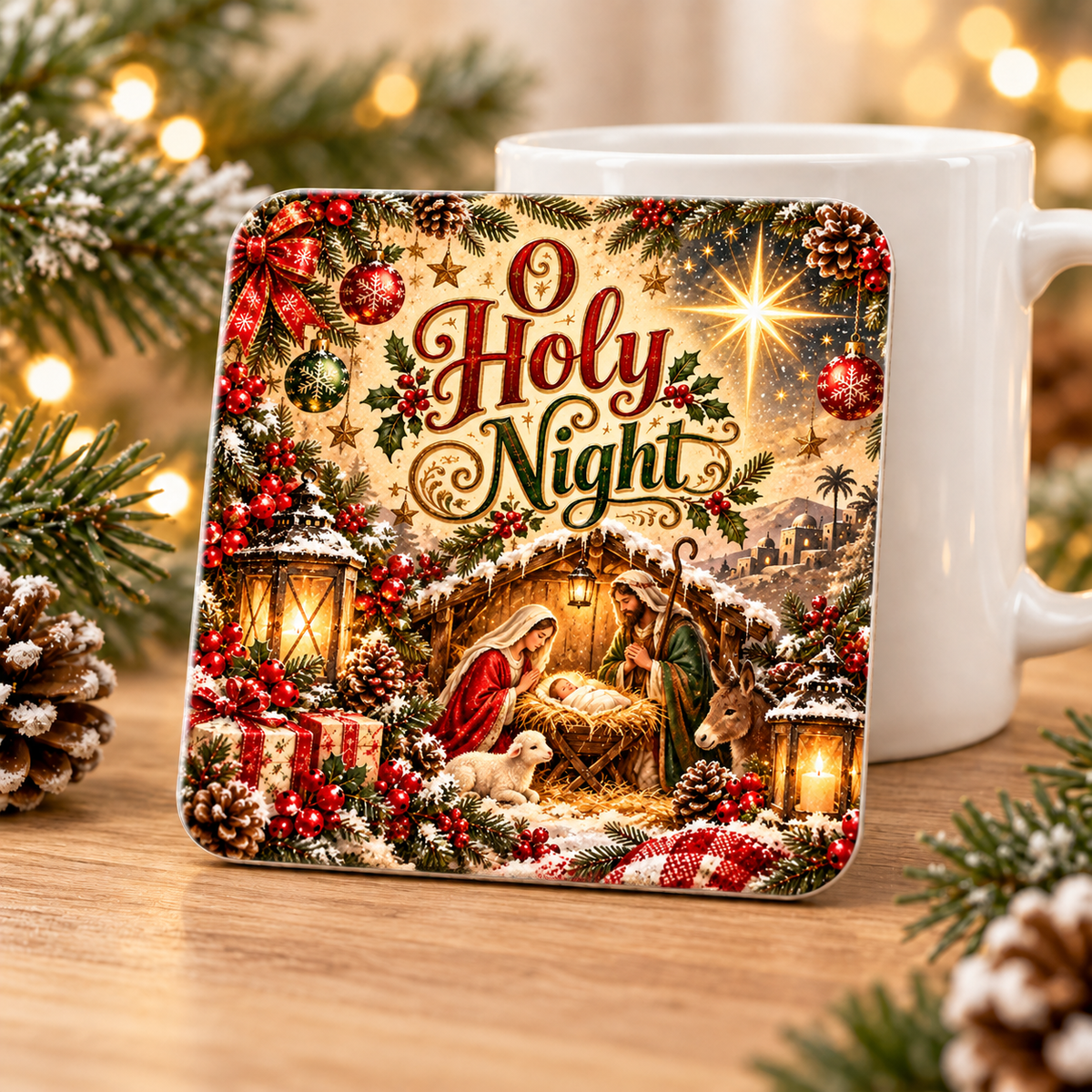 Santa Christmas coaster with festive gift design