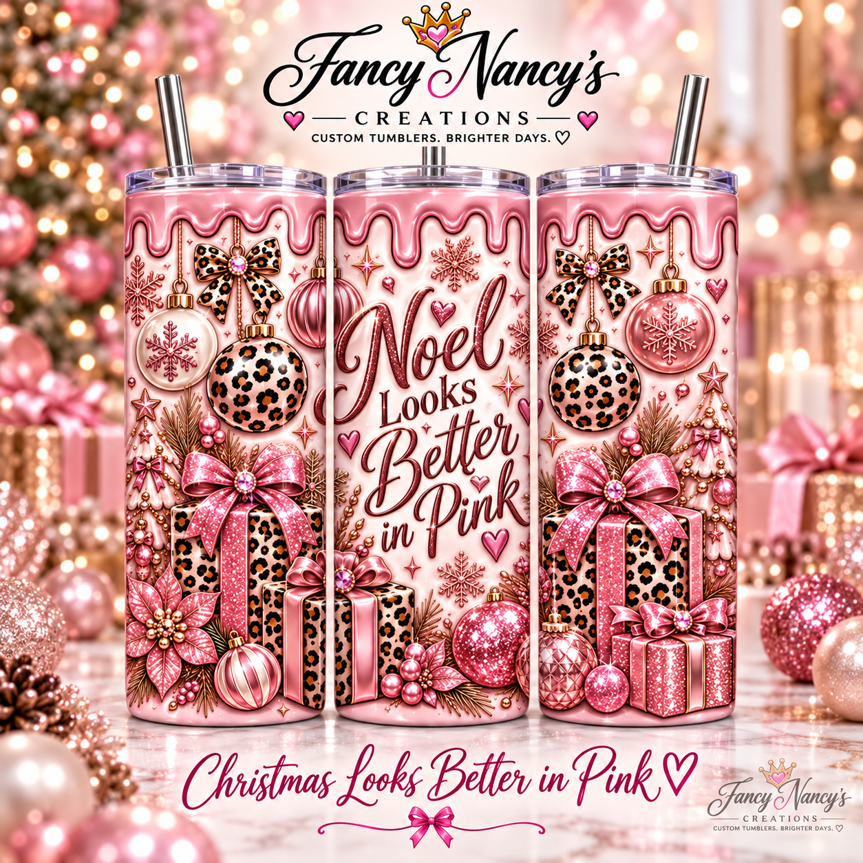 Noel Looks Better in Pink 20 oz Sublimation Tumbler - pink leopard Christmas design