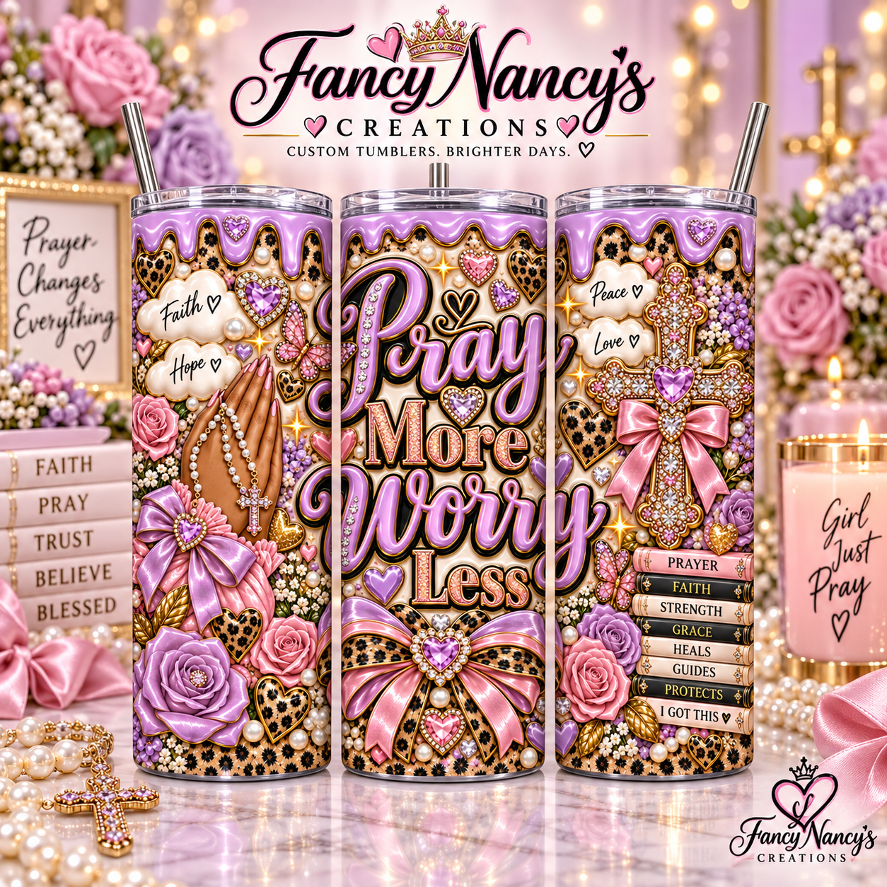 Pray More Worry Less 20 oz Sublimation Tumbler - purple pink faith roses leopard cross design