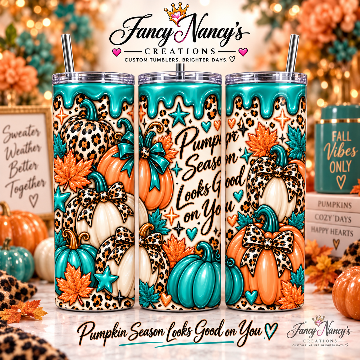 Pumpkin Season Looks Good on You 20 oz Sublimation Tumbler - teal orange leopard fall pumpkin design