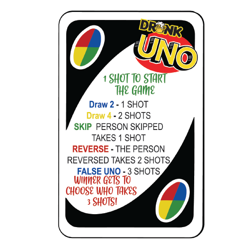 Drunk Uno Game Set - 4 Shot Glasses, Cards & Rules