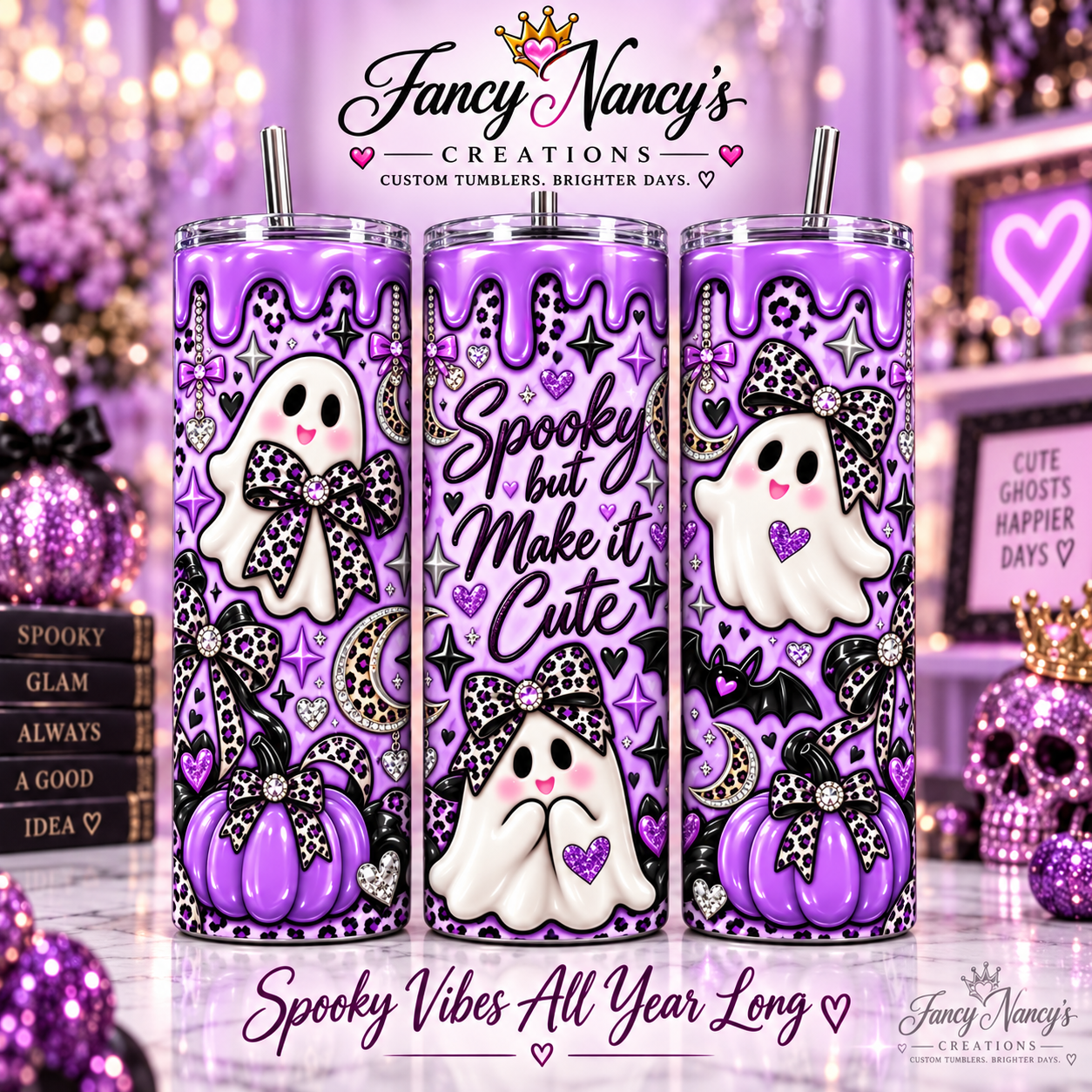 Spooky but Make it Cute 20 oz Sublimation Tumbler - purple leopard Halloween ghost design