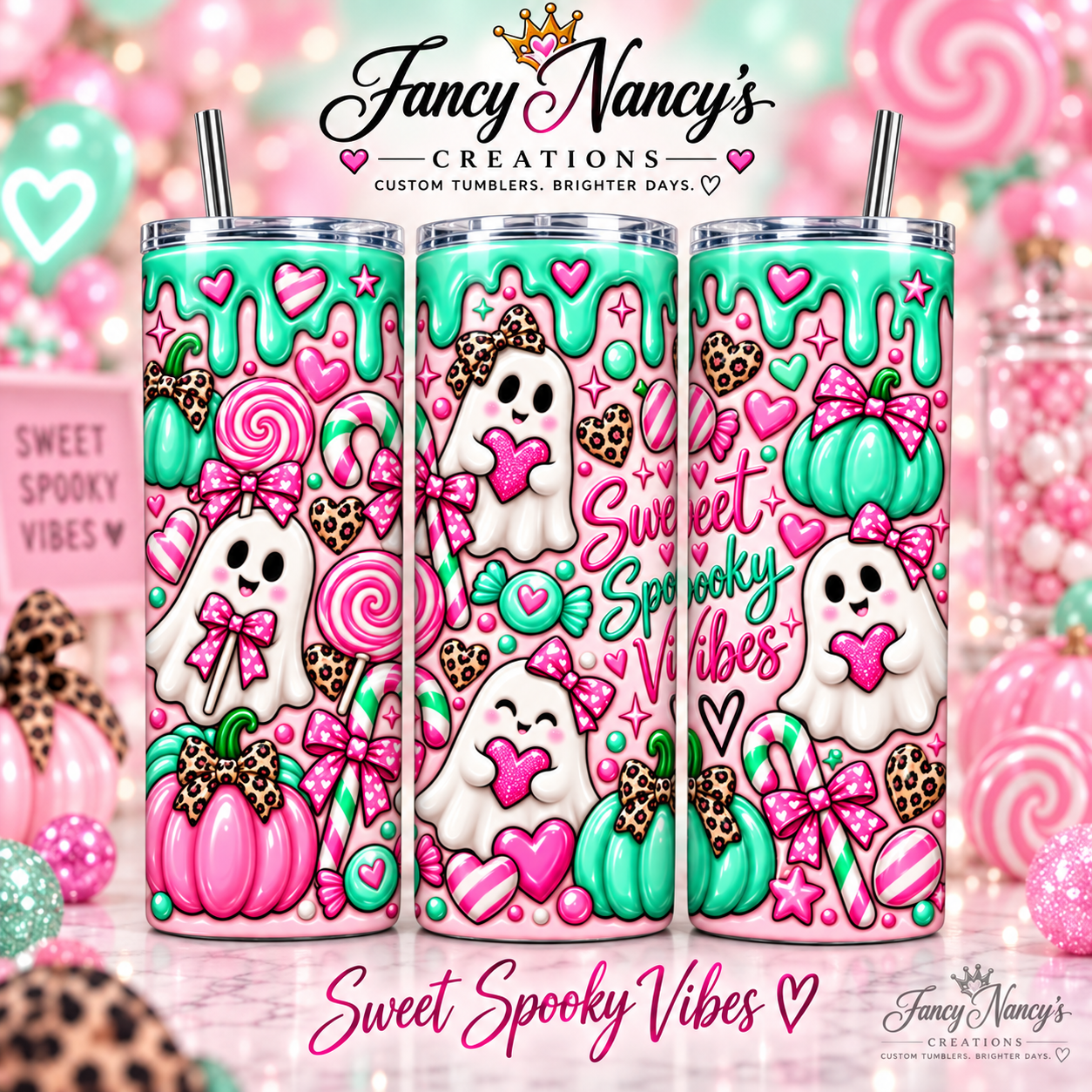 Sweet Spooky Vibes 20 oz Sublimation Tumbler - pink teal Halloween ghost candy design