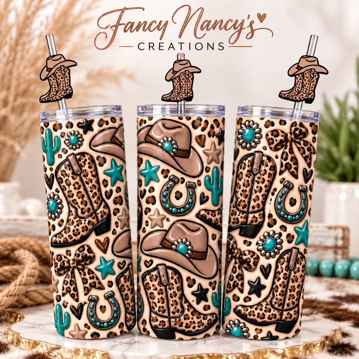 Three views of western glam leopard-print tumbler with turquoise accents and matching cowboy boot straw toppers