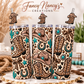 Three views of western glam leopard-print tumbler with turquoise accents and matching cowboy boot straw toppers
