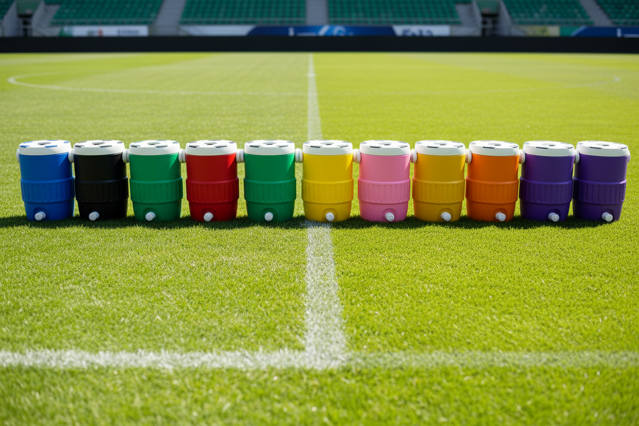 All Soccer Jug Can Coolers on Soccer Field