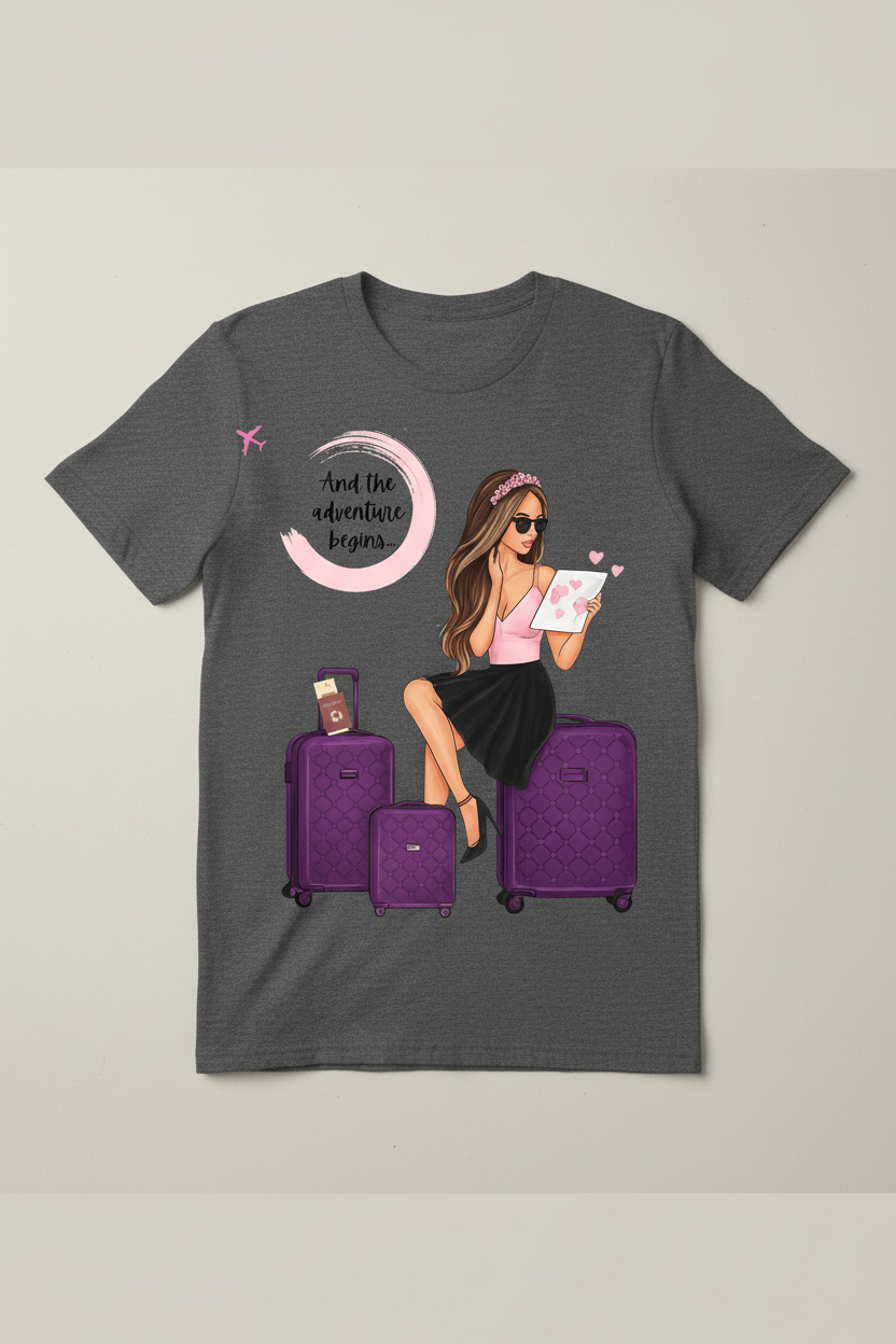 And the Adventures Begin T-Shirt Mockup with Purple Luggage