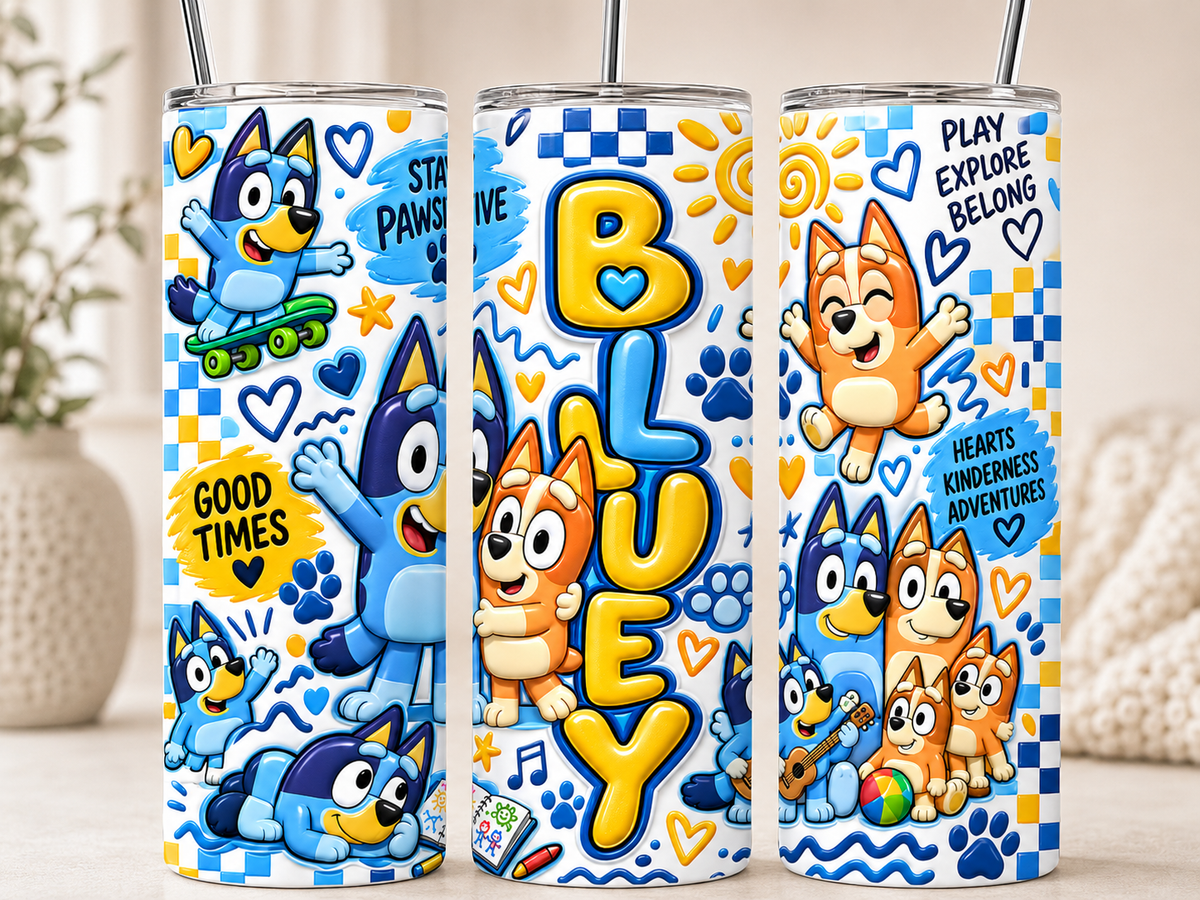 Bluey 20 oz Sublimation Tumbler featuring Bluey skateboarding, Bingo, and the whole gang with colorful hearts and paw prints