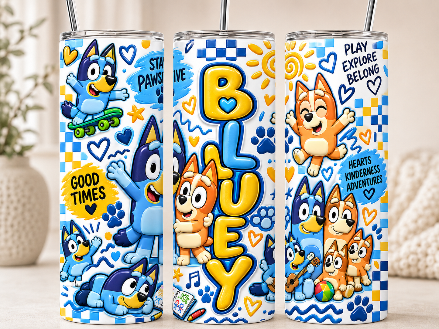 Bluey 20 oz Sublimation Tumbler featuring Bluey skateboarding, Bingo, and the whole gang with colorful hearts and paw prints