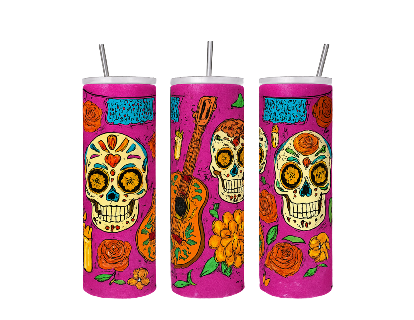 Día de los Muertos Tumbler – Sugar Skull & Marigold Drop (20 oz Sublimation Tumbler with straw)