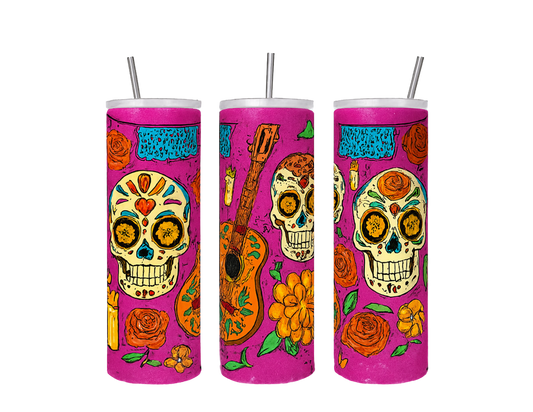 Día de los Muertos Tumbler – Sugar Skull & Marigold Drop (20 oz Sublimation Tumbler with straw)