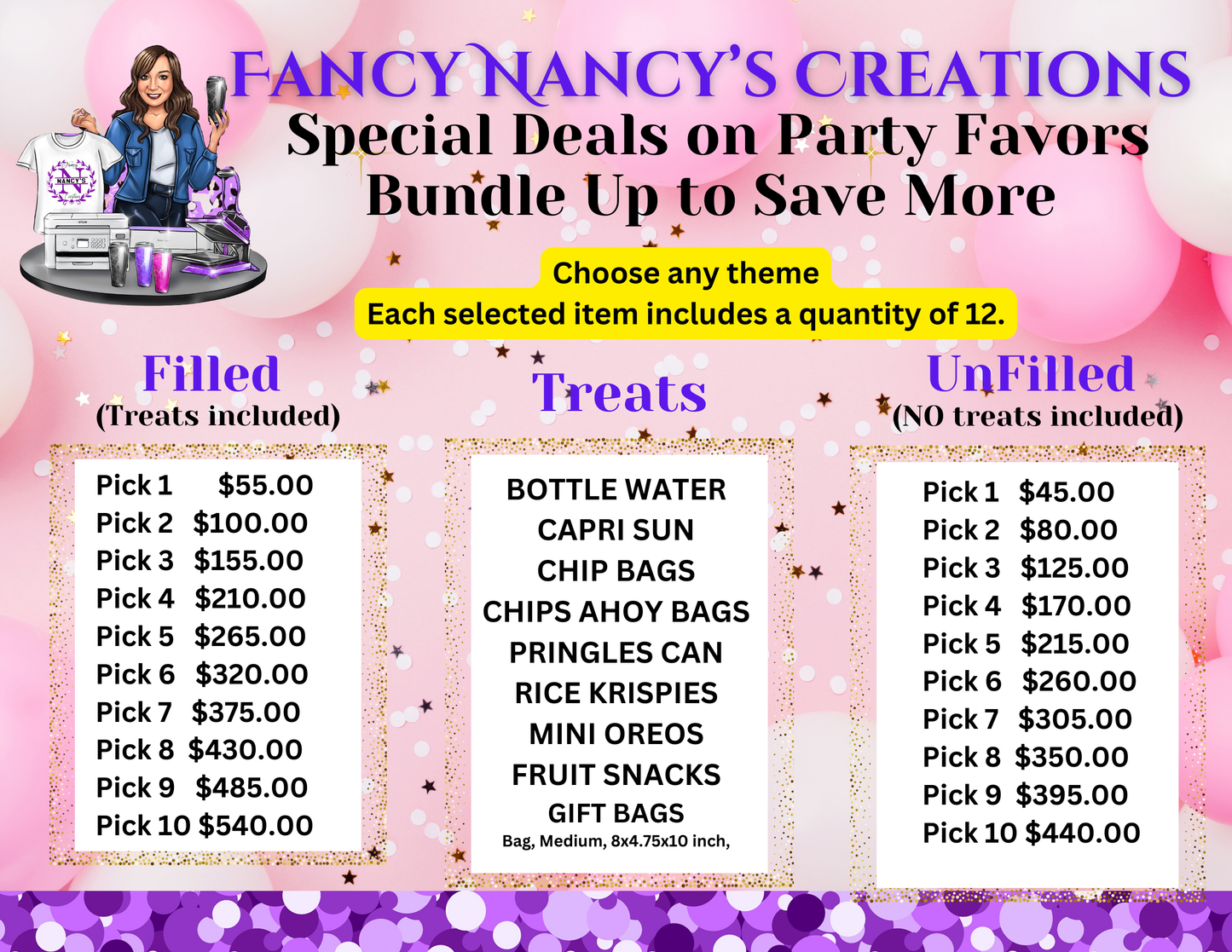 Party Favor Bundles (Water bottles, Chip Bags, Rice Krispie Treats, Capri Sun and more)