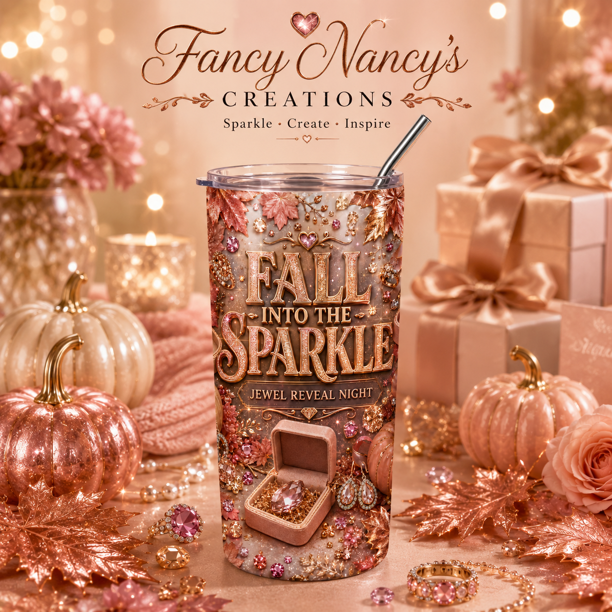 Fall Into the Sparkle Jewel Reveal Night 20 oz Sublimation Tumbler with rose gold autumn leaves and gemstone jewelry box design