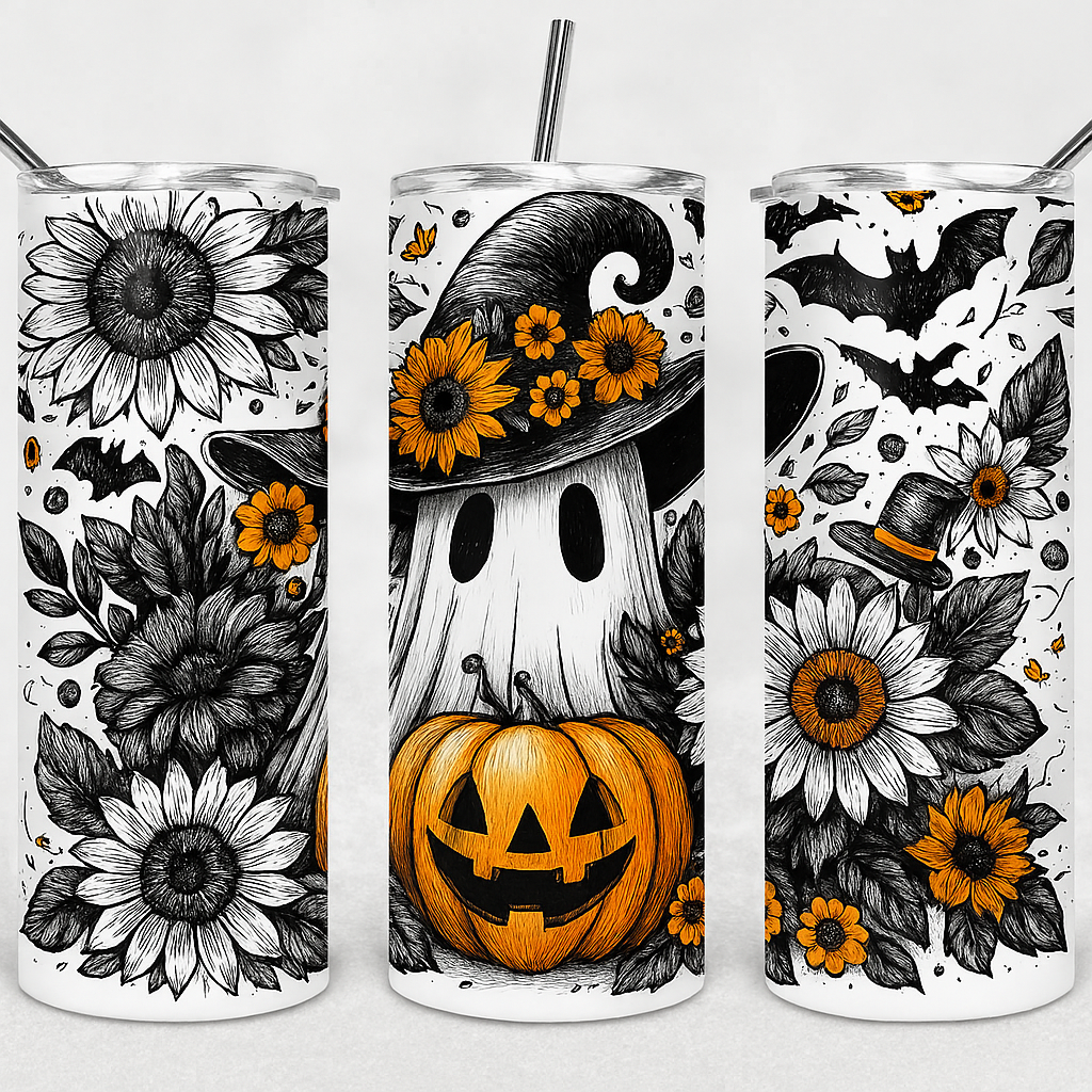 Halloween Ghost & Sunflower Tumbler – 20 oz Sublimation Stainless Steel with Metal Straw