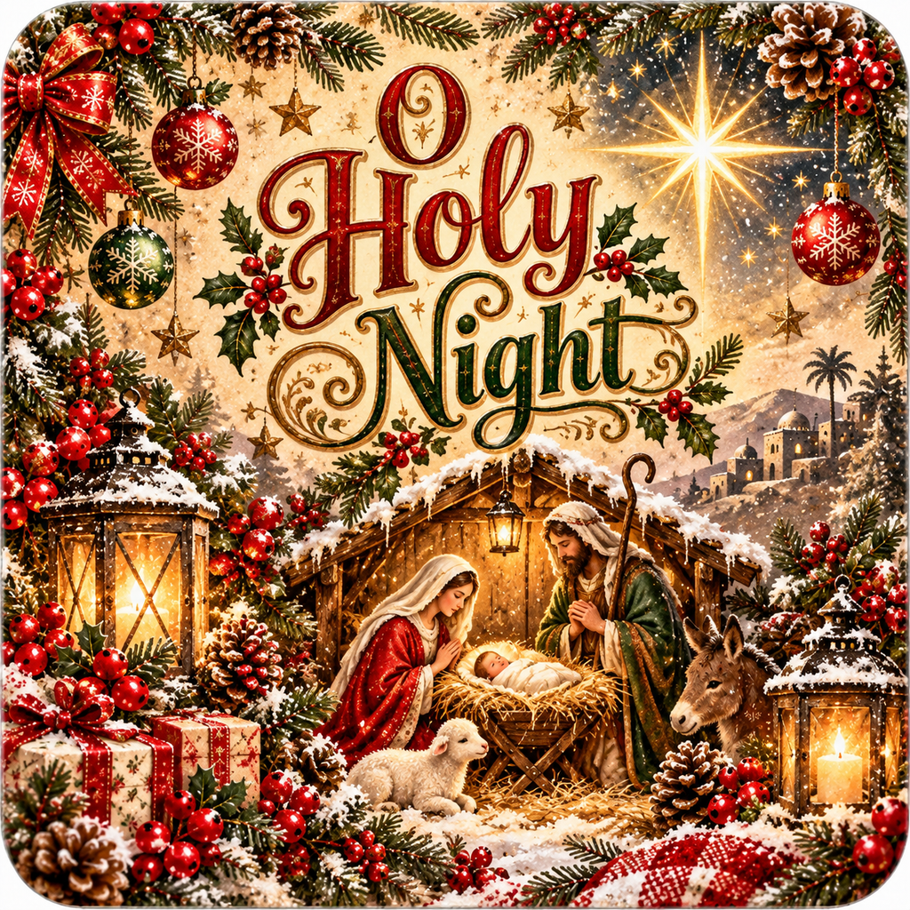 O Holy Night nativity coaster artwork