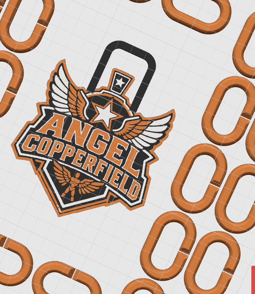 Angel Copperfield winged logo medallion shown among copper-colored chain links