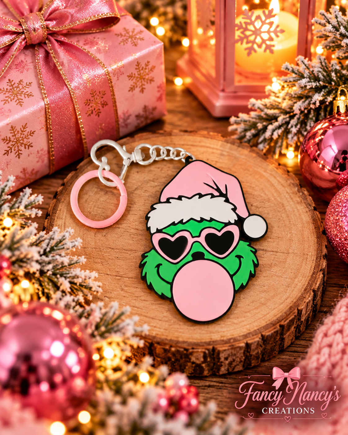 Grinch keychain with pink Santa hat, heart-shaped glasses and bubblegum detail, attached to a pink key ring with silver-tone chain and clasp.