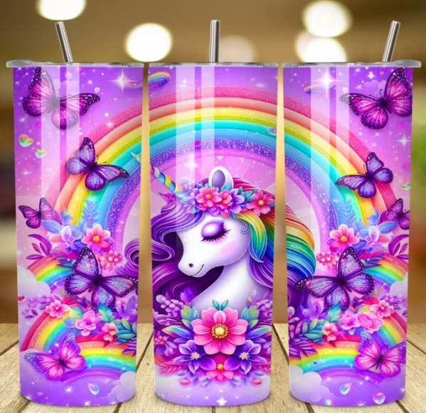Magical Unicorn Rainbow 20oz Skinny Tumbler | Purple Butterflies