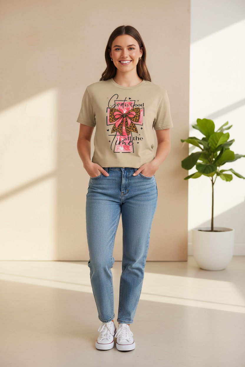 God is Good All the Time faith tee worn with jeans and sneakers lifestyle mockup