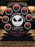 Nightmare Before Coffee K-Cup Holder featuring Jack Skellington design holding 8 Folgers Black Silk K-Cup pods