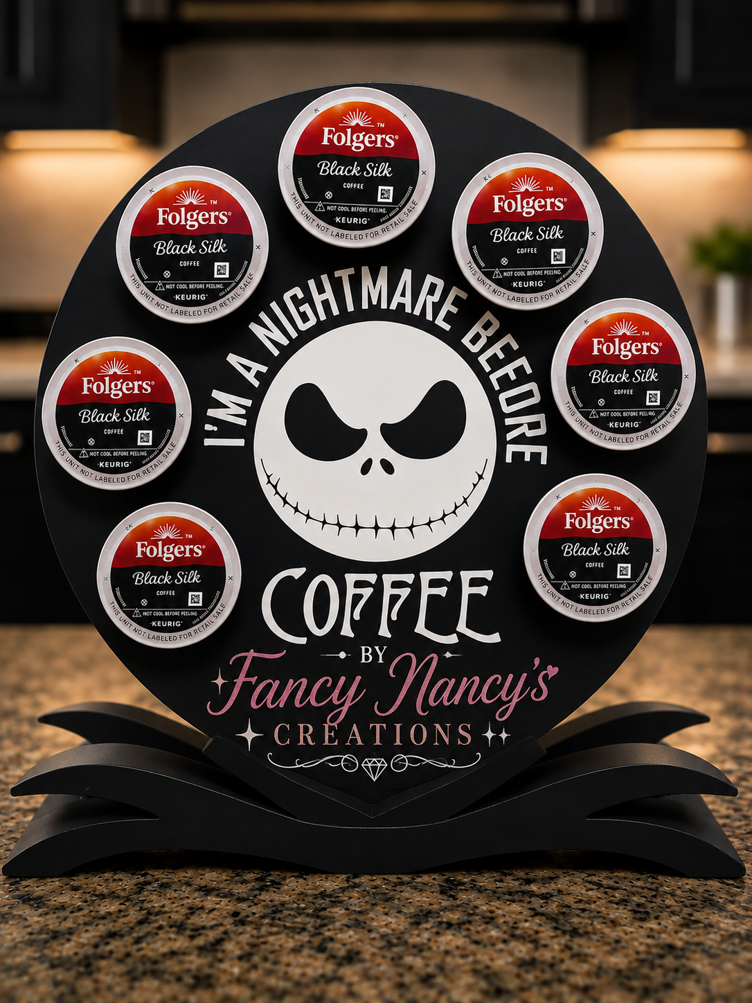 Nightmare Before Coffee K-Cup Holder featuring Jack Skellington design holding 8 Folgers Black Silk K-Cup pods