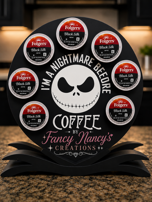 Nightmare Before Coffee K-Cup Holder featuring Jack Skellington design holding 8 Folgers Black Silk K-Cup pods