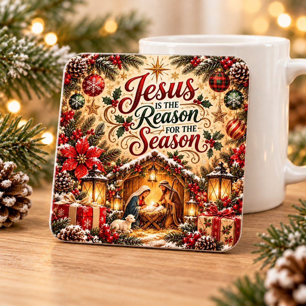 O Holy Night Christmas coaster with nativity scene