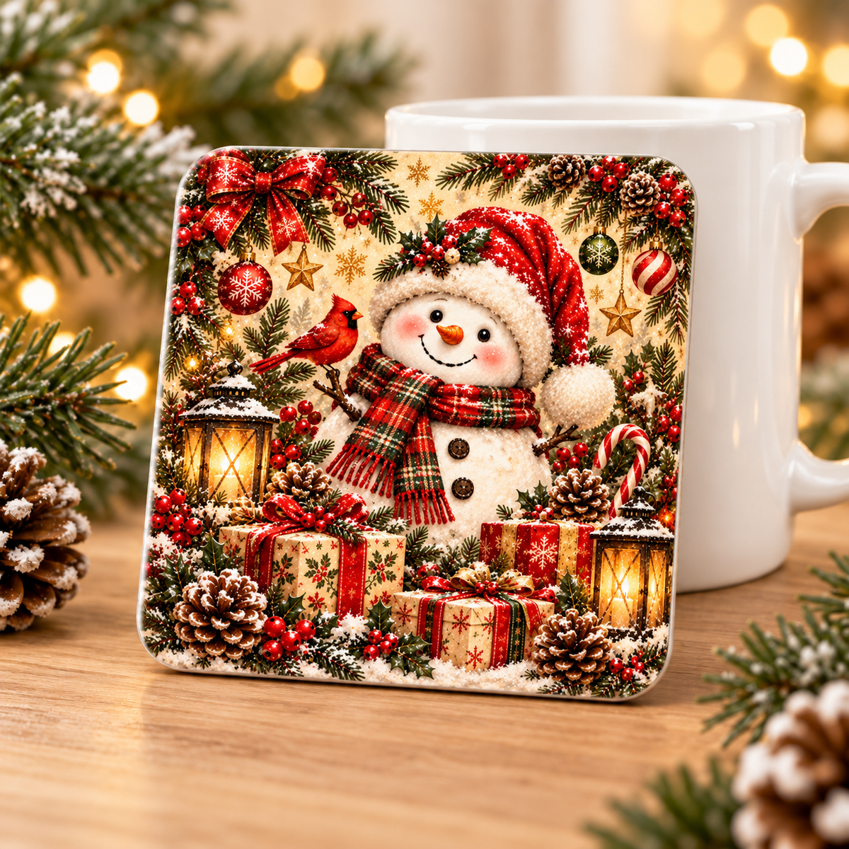 Christmas snowman coaster with red cardinal