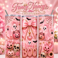 Pink Bow Ghost Boo! 20 oz Sublimation Tumbler featuring an adorable ghost with pink satin bow, glittery BOO lettering, jack-o-lanterns and bats on a pink background
