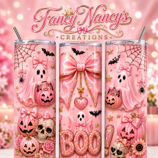 Pink Bow Ghost Boo! 20 oz Sublimation Tumbler featuring an adorable ghost with pink satin bow, glittery BOO lettering, jack-o-lanterns and bats on a pink background