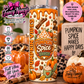 Pumpkin Spice Season 20 oz Sublimation Tumbler with pumpkins, cinnamon sticks, autumn leaves and whipped cream latte design