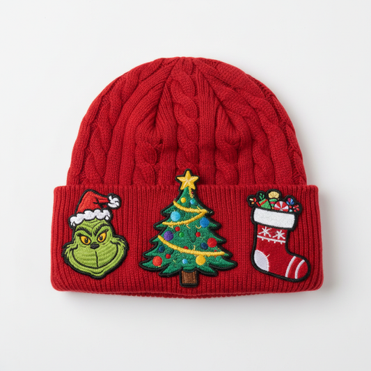 Red beanie with Christmas patches