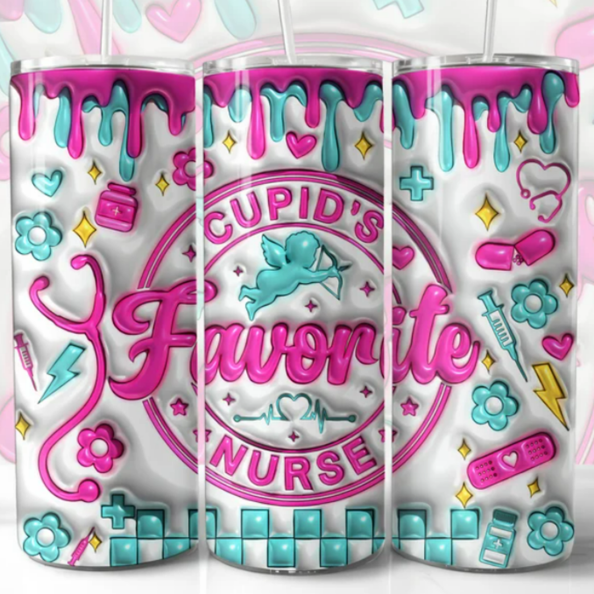 3D Valentine's Day Nurse Inflated Tumbler Wrap, Cupid's Favorite Nurse -  20 oz Skinny Tumbler with straw