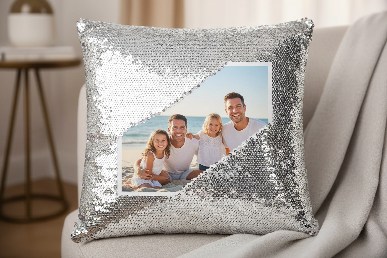 Silver sequin pillow with custom photo